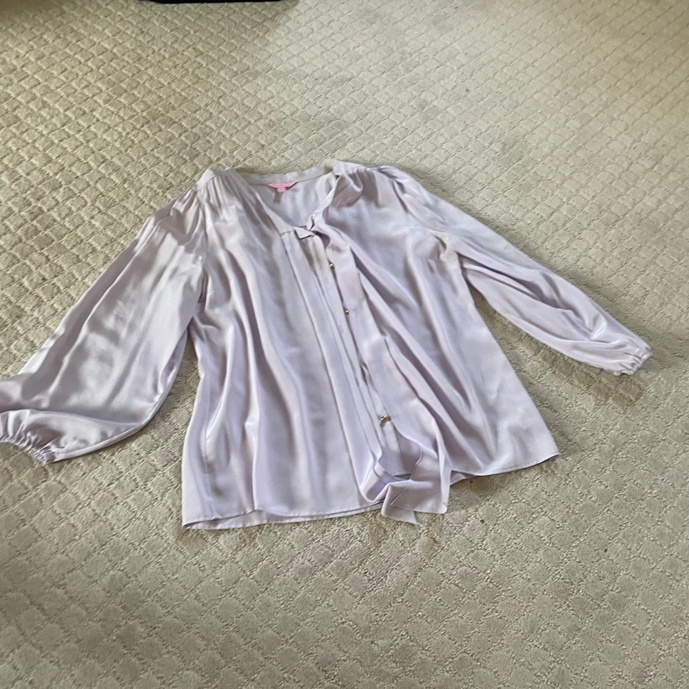 Lilly Pulitzer Pussybow Silk Blouse in Light Lilac, Size XL